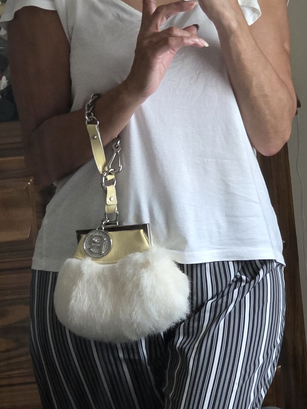 bebe Vintage 80s Cream 100% Dyed Rabbit Fur Wristlet Clutch with Silver Frame
